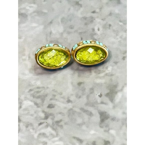 Vintage JJG Jonette Yellow Art Glass Blue Beaded Goldplate Clip On Earrings - Picture 3 of 6